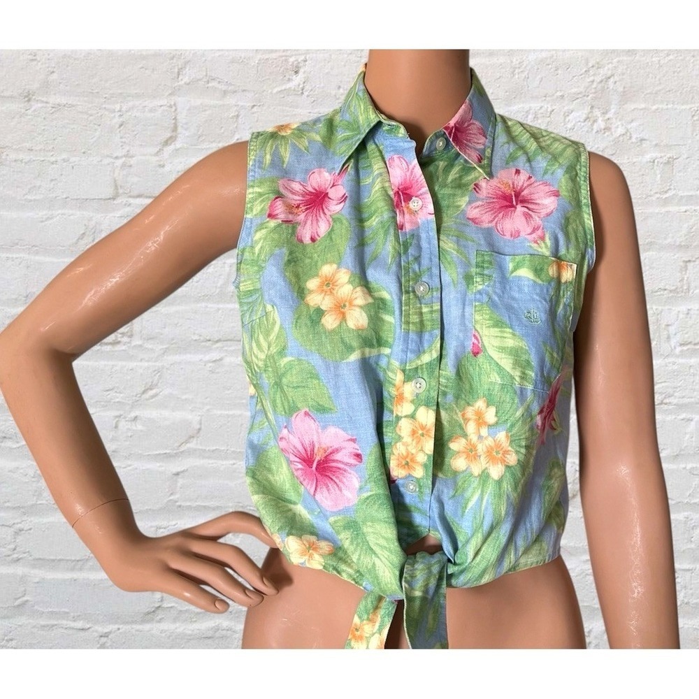 Vintage Lauren Ralph Lauren Shirt Womens 4P Linen Tropical Floral Tie Front Top